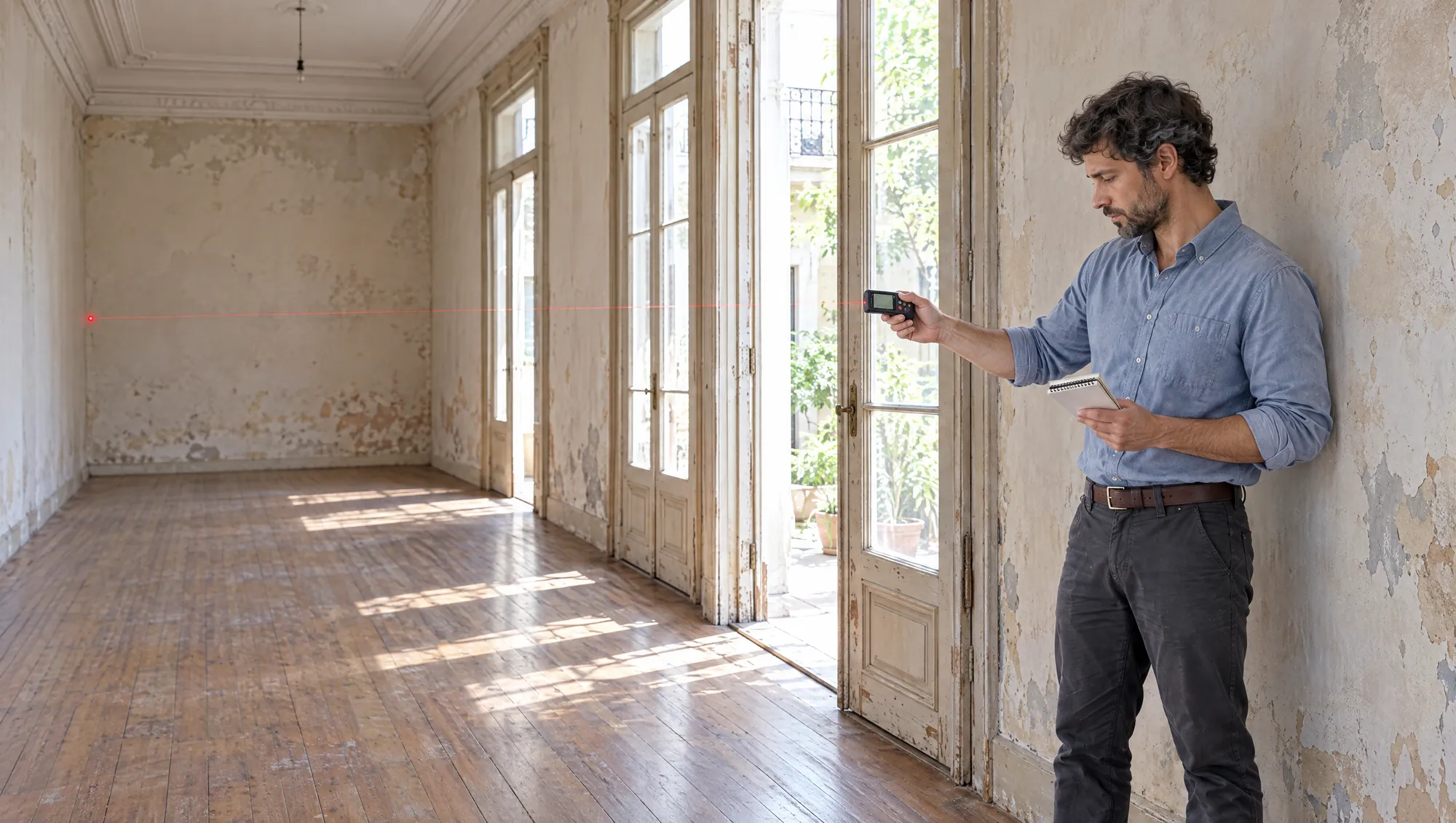 El Arquitecto de Estudio TREO mide con un medidor láser el largo de una habitación vacía de una casa antigua de Buenos Aires, antes de la reforma