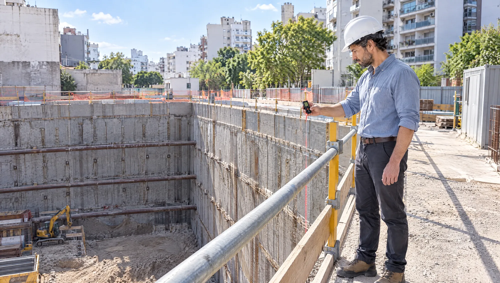 El Arquitecto de Estudio TREO, con casco y detrás de la baranda de seguridad, mide con un medidor láser la profundidad de la excavación del subsuelo de una obra