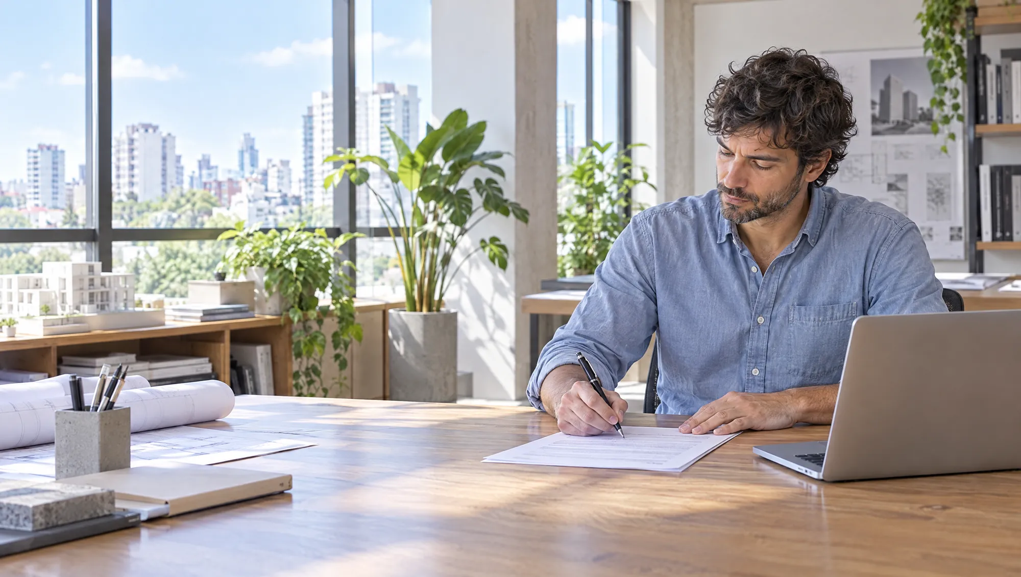 El Arquitecto de Estudio TREO firma un formulario sobre su escritorio, junto a la laptop, en la oficina del Estudio