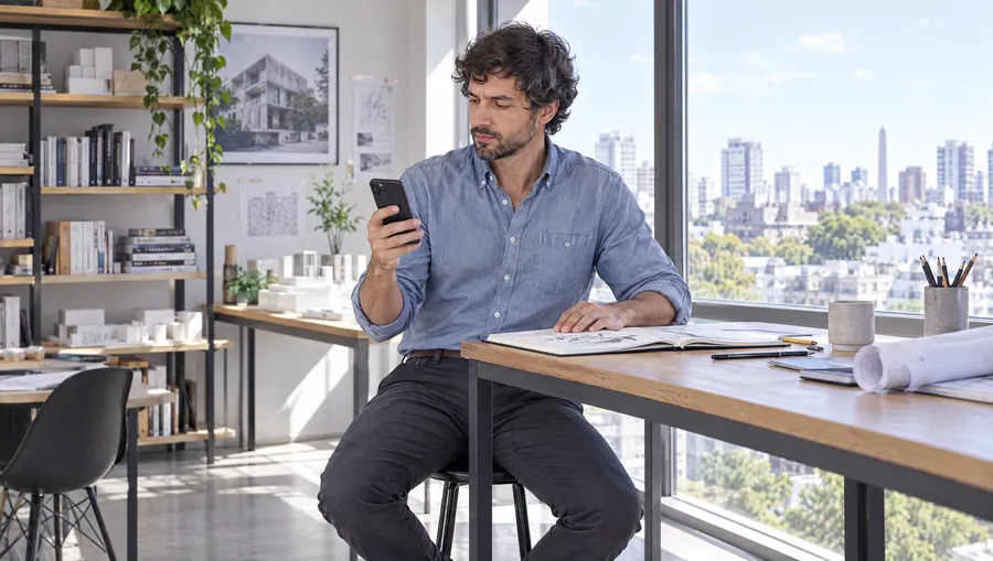 El Arquitecto de Estudio TREO lee en su celular las fotos y el mensaje que le mandó un cliente, sentado junto a la ventana de la oficina