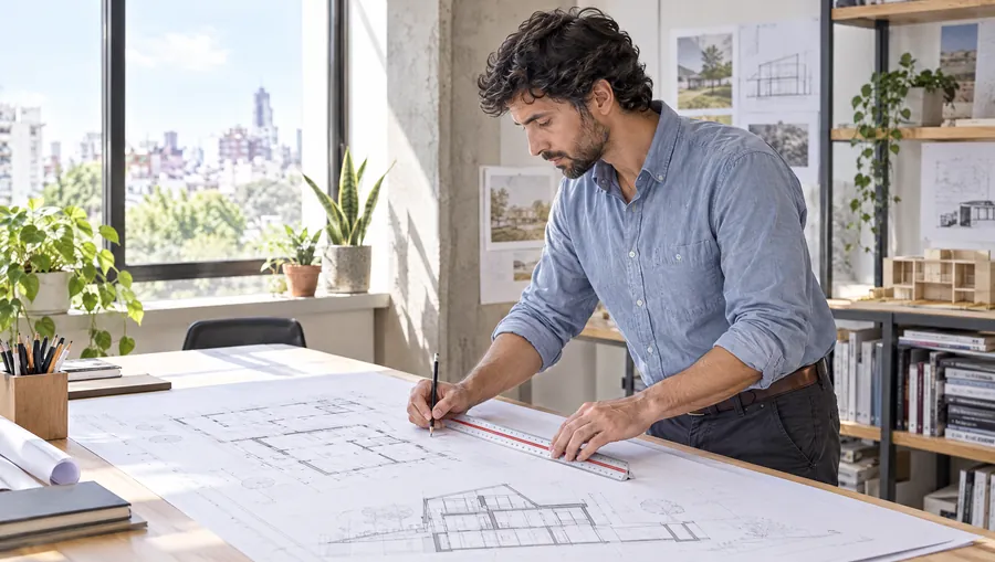 El Arquitecto de Estudio TREO verifica una cota con el escalímetro sobre el plano impreso de un edificio, en la mesa de dibujo de la oficina