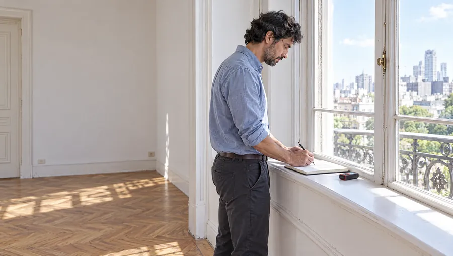 El Arquitecto de Estudio TREO dibuja el croquis con medidas de un departamento vacío, apoyado en el alféizar de la ventana